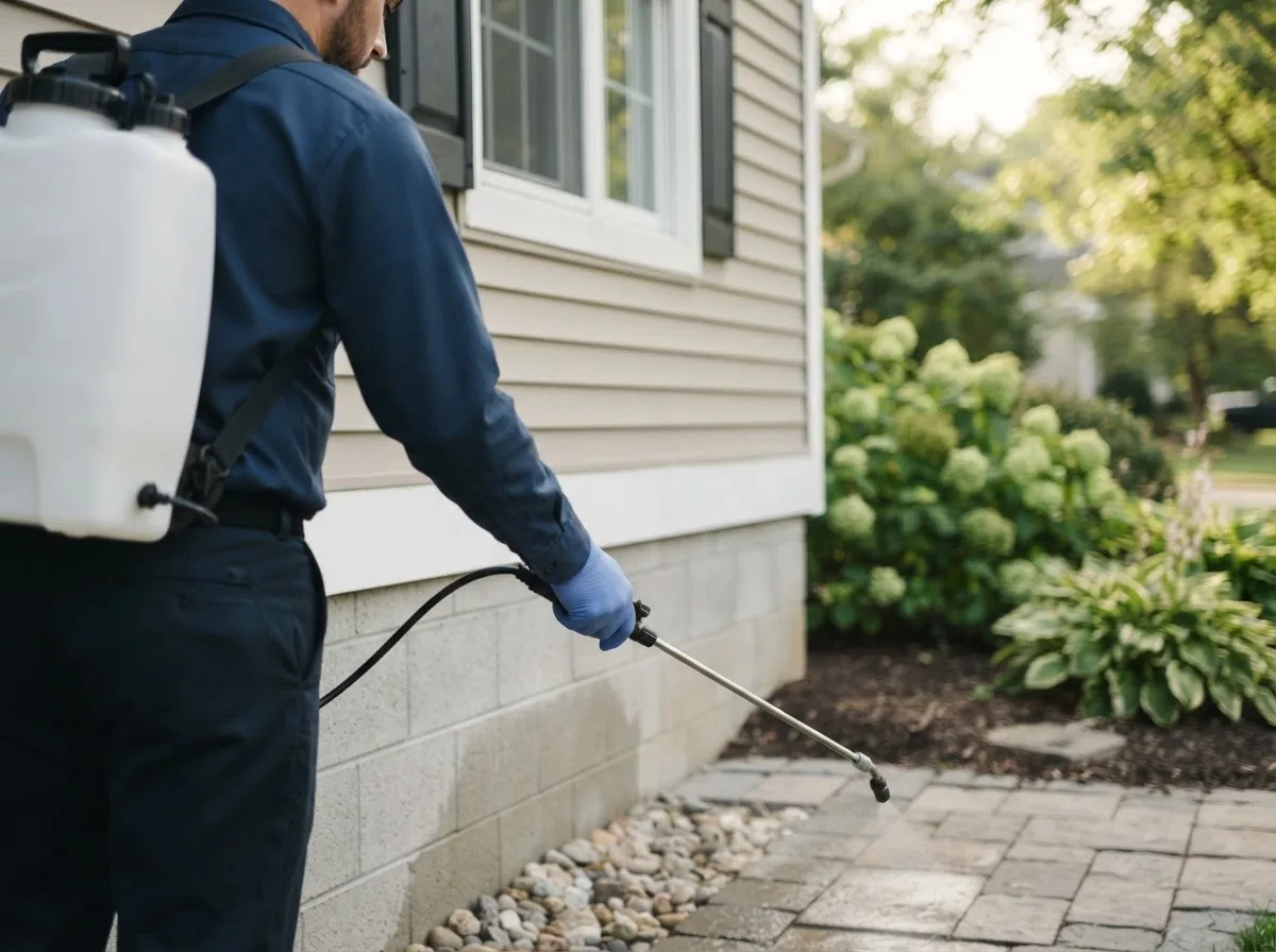 Pest control technician inspecting a home in Moscow, OH